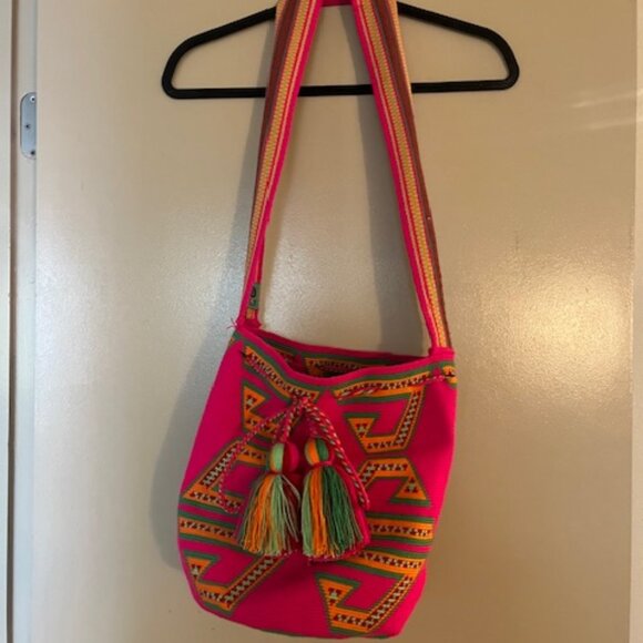 Pink and Orange Crossbody Bag with Geometric Patterns - Picture 8 of 12